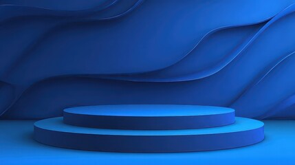 Royal Blue Podium with Wavy Background Layers for Product Display Under Studio Lighting