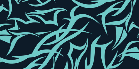 Abstract tribal pattern in teal on a dark background.