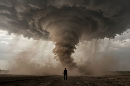 A depiction of a single human figure silhouetted against a massive, swirling tornado that dominates the horizon
