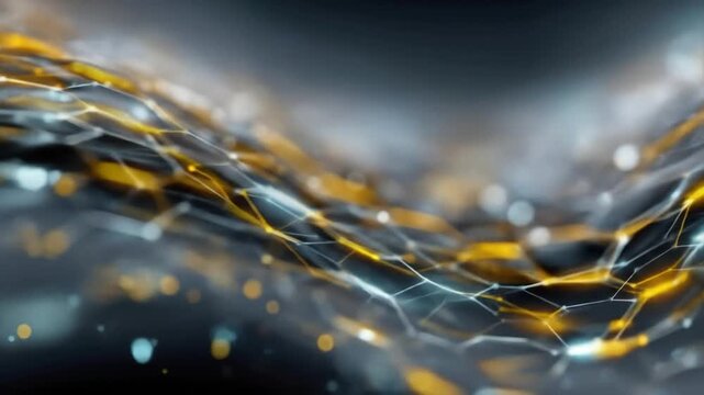 Abstract 3D rendering of interconnected nodes forming a complex network structure with golden and silver elements