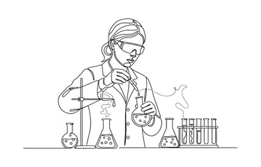Naklejka premium One continuous line.Laboratory assistant in the laboratory The pharmacist prepares the medicine.