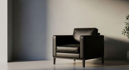 Fototapeta premium Modern black leather armchair bathed in soft natural light