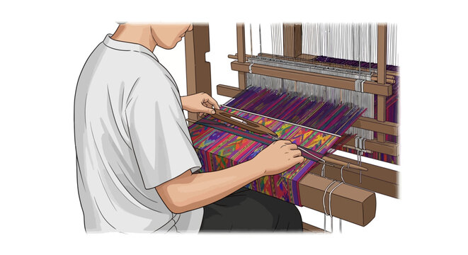 Traditional textile craft making process, handcraft weaver working on a loom symbol