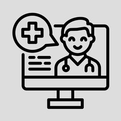 Fototapeta premium Outline icon depicting a doctor providing online medical consultation via a computer screen, symbolizing telemedicine and digital healthcare services.