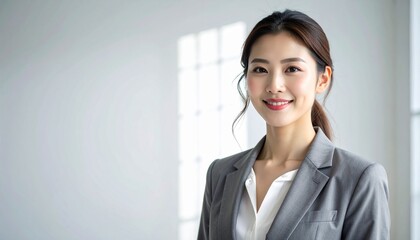 笑顔を浮かべるスーツ姿の女性