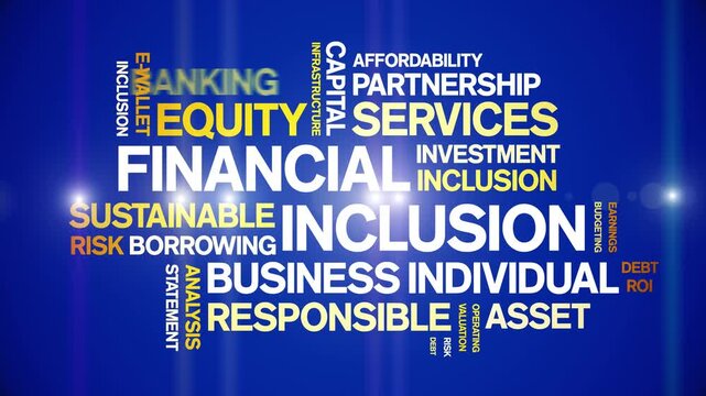 Financial inclusion animated word cloud-text design animation tag kinetic typography seamless loop.