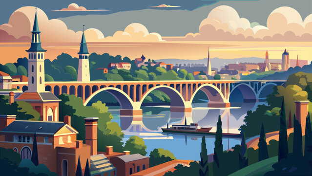 Very beautiful view of the Key Bridge at Georgetown University, Washington DC, spanning the Potomac River with historic campus buildings and urban landscape in the background.