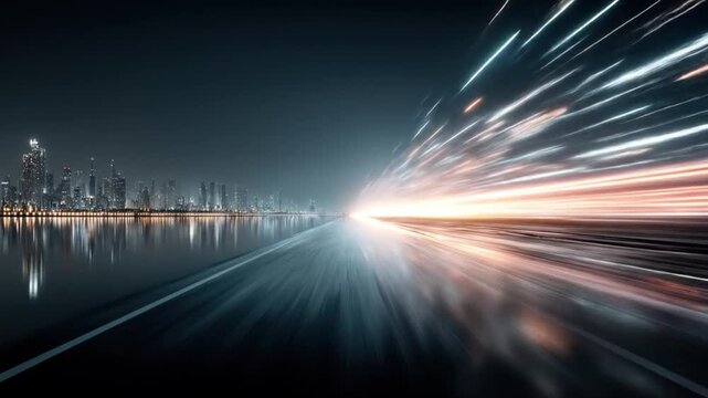 High-speed cityscape at night with abstract light trails and blurred motion