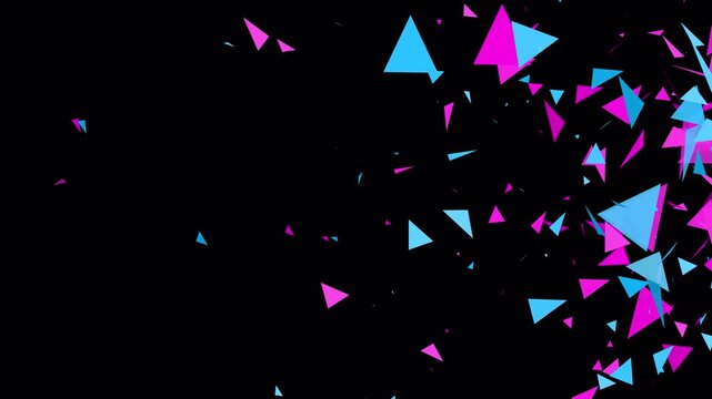 Abstract animation of small aqua and magenta geometric triangles exploding and scattering across a transparent background, creating a dynamic graphic resource for presentations and social media.