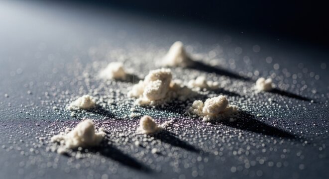 White Granular Powder Piles on a Dark Surface with Dramatic Spotlight