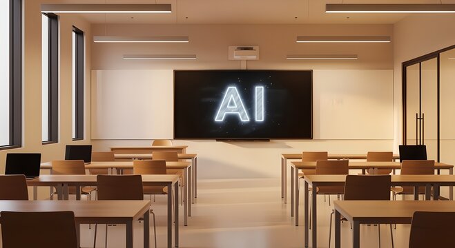 Artificial Intelligence displayed on a large screen in an empty modern classroom, ready for learning