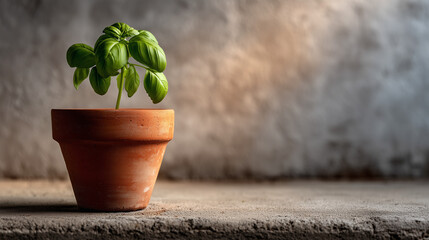 Young Basil Plant in Terracotta Pot on Textured Concrete Slab

