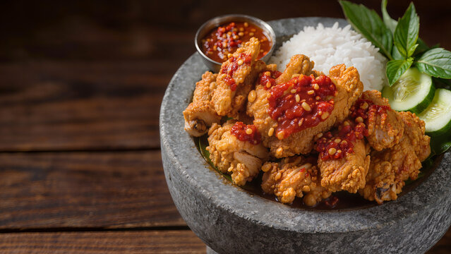 Spicy Indonesian Smashed Fried Chicken with Red Chili Sambal in Stone Mortar