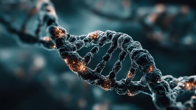 A 3D rendered DNA double helix structure with glowing orange nodes