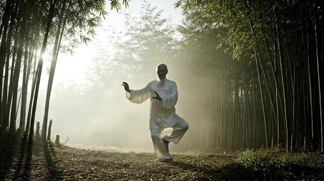 Man practicing Tai Chi in a misty bamboo forest at sunrise.
