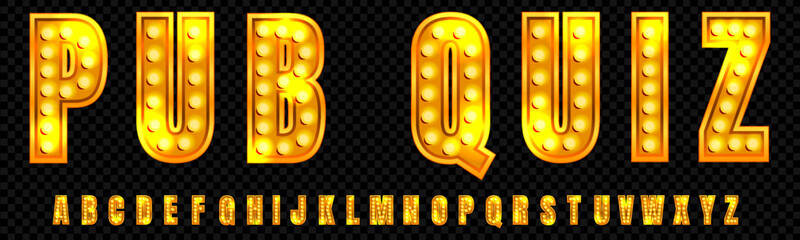 3d pub quiz font with light. Cinema alphabet for led text sign on broadway. Neon casino show typography for gold lamp signboard. Illuminated glowing letter for Grand carnival game graphic vector © Mariia