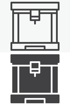3D printer machine icon set with frame and platform in line, outline and solid styles. Editable stroke vector icon sign, symbol for manufacturing, prototyping, tech.
