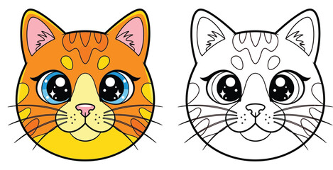 Fototapeta premium Cute cartoon cat head vector illustration set featuring a colorful orange tabby with blue eyes and a black and white outline version suitable for children's coloring book pages and icons
