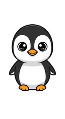 Obraz premium Cute cartoon baby penguin illustration with big eyes and orange beak on a white background, depicting a charming and friendly animal character.