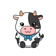 Naklejka premium A cute cartoon black and white cow with a blue bow sitting down.