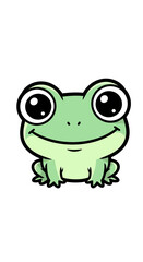 Fototapeta premium Cute cartoon green frog with big eyes and a happy smile, sitting frontally on a white background, simple illustration.