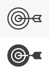 Target dart icon set with bullseye and arrow in line, outline and solid styles. Editable stroke vector icon sign, symbol for goal, focus and achievement strategy.