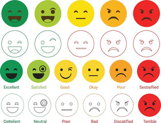 Fototapeta premium Various emotion icons and face symbols representing customer satisfaction levels from excellent to distressed and other expressions