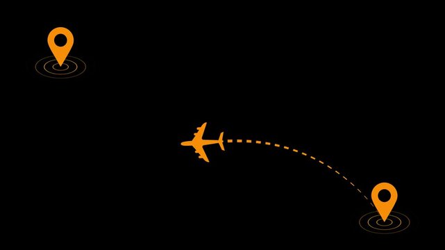 Airplane route dotted line animation on black background. journey or travel destination path motion. Flying plane icon 4k video.