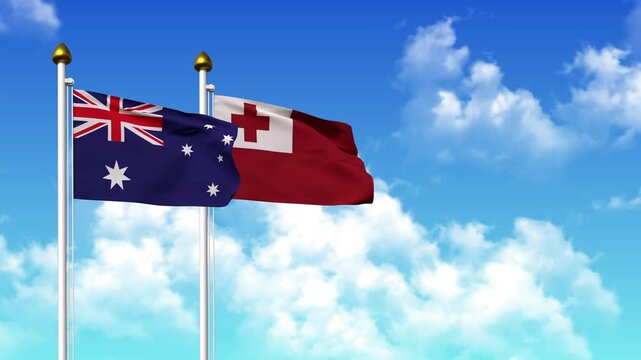 Waving flags of AUSTRALIA and TONGA on pole included with alpha