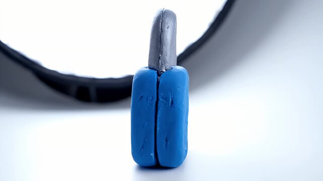 Blue Padlock Security Symbol Macro Close Up With Silver Shackle And Keyhole Against White Background Studio Lighting