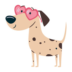 Cute dog wearing heart-shaped sunglasses. Flat vector illustration in a simple children's style. Vector illustration
