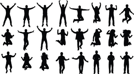 Fototapeta premium Collection of Happy People Jumping and Celebrating in Dynamic Silhouette Poses Isolated on White Background for Success Freedom and Party Concepts Creative Design Element