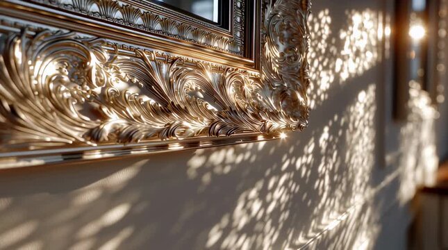 Close-up of an intricately carved golden picture frame with baroque floral details, illuminated by warm sunlight casting decorative shadows on a light wall.