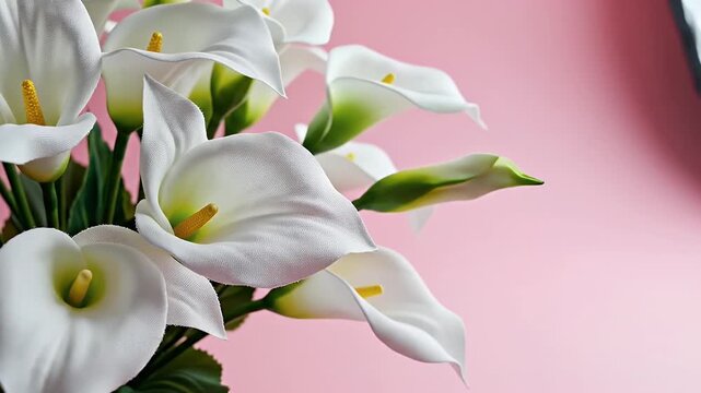 Close Up Of A White Calla Lily Bouquet With Green Stems On A Soft Pink Background With A Subtle Light Reflection