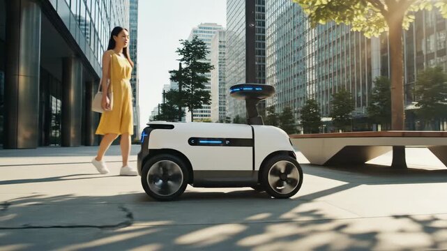 Autonomous delivery robot and woman walk in modern city