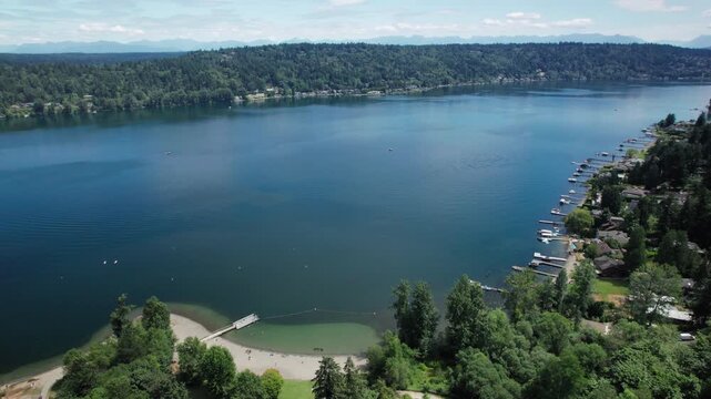 Drone Orbiting Beach Park on Rural Lake