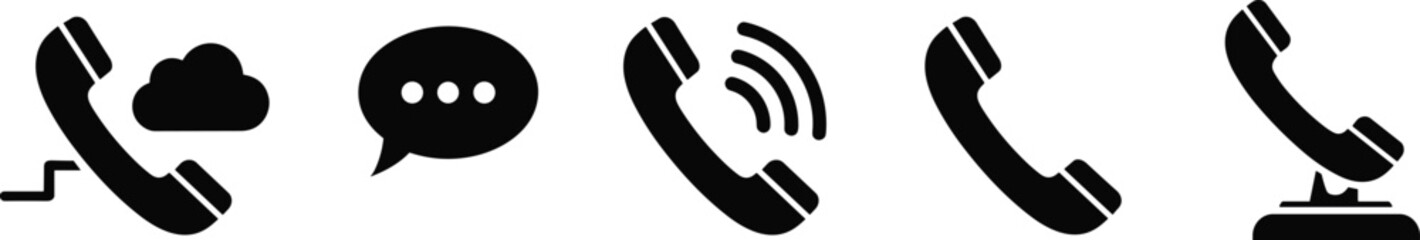 Fototapeta premium Set of Black Communication Icons Featuring Telephone Handsets Chat Bubbles and Cloud Calling Symbols for Customer Support Help Desk Contact Us and Telecommunication Services