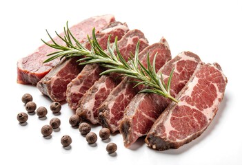 Fototapeta premium Raw meat cuts fresh beef slices with rosemary and peppercorns isolated on white background for cooking