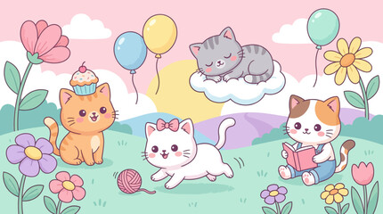 Fototapeta premium Charming and adorable cartoon kittens illustration in a dreamy pastel landscape, featuring playful cats enjoying flowers, balloons, and gentle sunshine