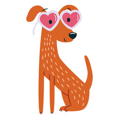 Cute dog wearing heart-shaped sunglasses. Flat vector illustration in a simple children's style. Vector illustration