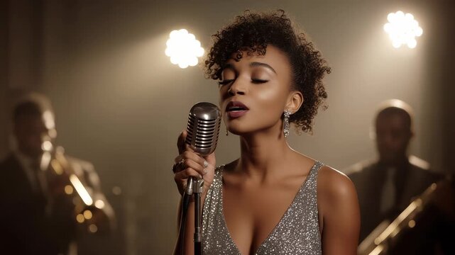 Dressed in a stunning silver dress, a graceful black woman captivates the audience as she performs on stage. Soft lights highlight her beauty, while a jazz band provides a soothing backdrop