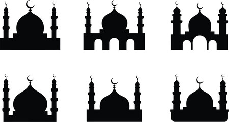 Collection of six minimalist mosque silhouettes with domes and minarets, perfect for Islamic design elements © Nahidaakther