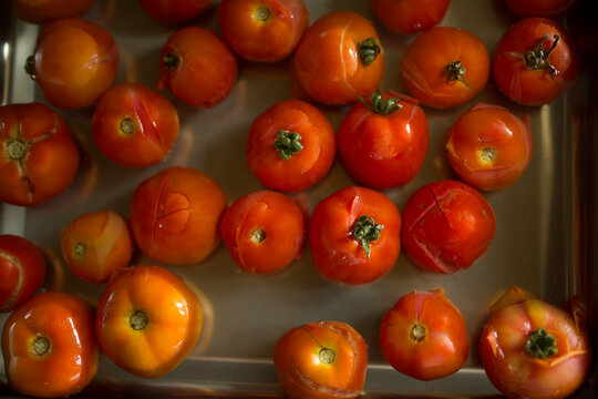 Ripe Red Tomatoes Freshly Picked on a Metal Tray