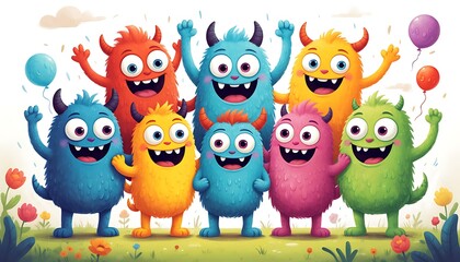 Fototapeta premium colorful fluffy creatures with horns and big eyes