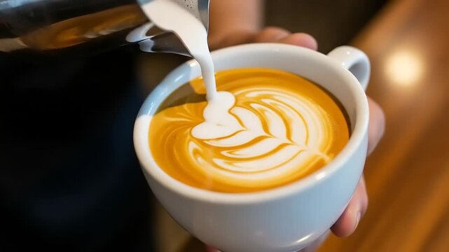Barista pouring steamed milk into coffee creating latte art in a white cup.
