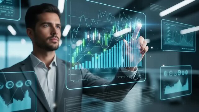 Businessman Analyzing Data on Virtual Screens.