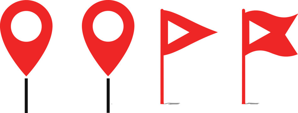 Set of Red Map Pin Location Markers and Destination Flag Icons for Navigation GPS Tracking Geographic Positioning Travel Logistics Wayfinding and Geographic Information System Design
