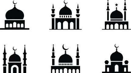 Six stylized mosque silhouettes, offering various designs with domes and minarets for Islamic contexts © Nahidaakther