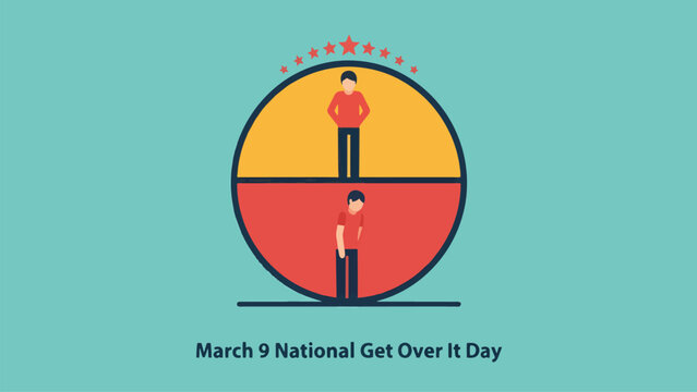 National Get Over It Day March 9 concept showing emotional progress from struggle to confidence, symbolic flat vector illustration about resilience, personal growth, mindset change and overcoming chal