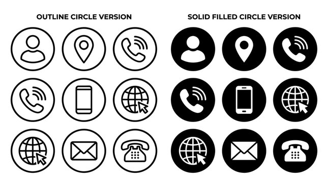 Collection of phone and communication icons in outline and solid filled circle versions on a white background
